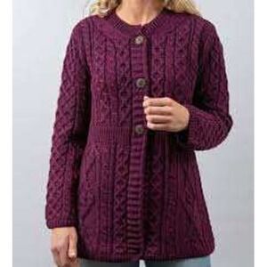 Aran Woollen Mills Purple Merino Wool Cable Knit Long Cardigan Sweater Ireland